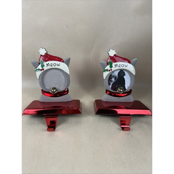 Set Of 2 Metal Stocking Holders + Photo Frame Cat Kitten “‎ Meow ” Red Base - Picture 1 of 9